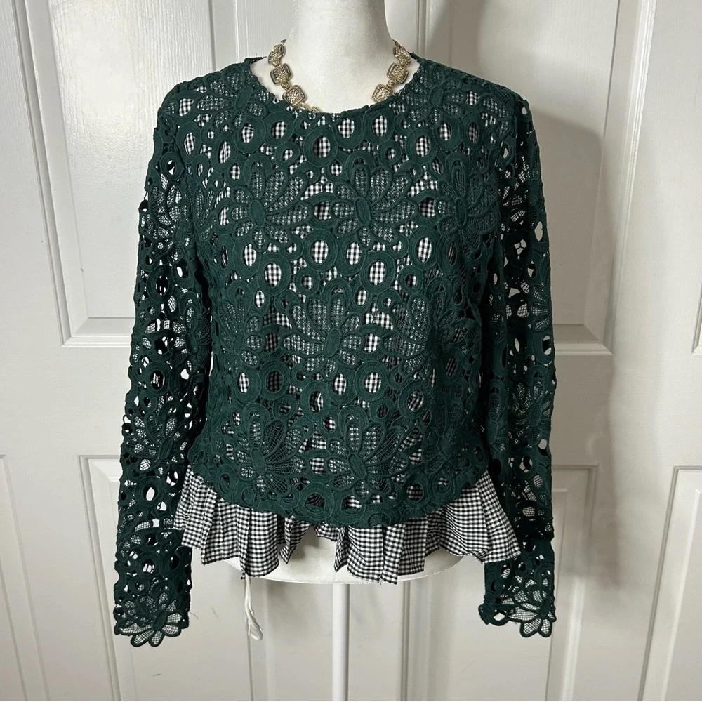 Anthropologie Maeve Green Pleated Lace Top Gabriella Gingham (size small) - Picture 2 of 10